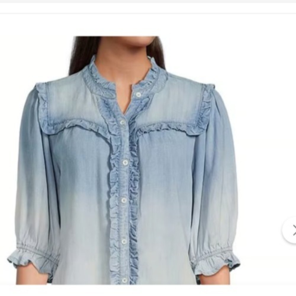 Democracy Ruffled Lantern Sleeve Button-Down Top Light Powder Blue Sz S